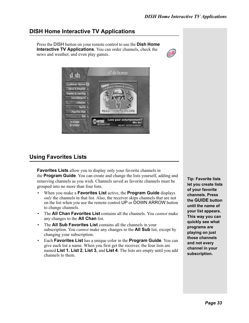 Dish home interactive tv applications, Using favorites lists | Dish Network Duo 322 User Manual | Page 38 / 98