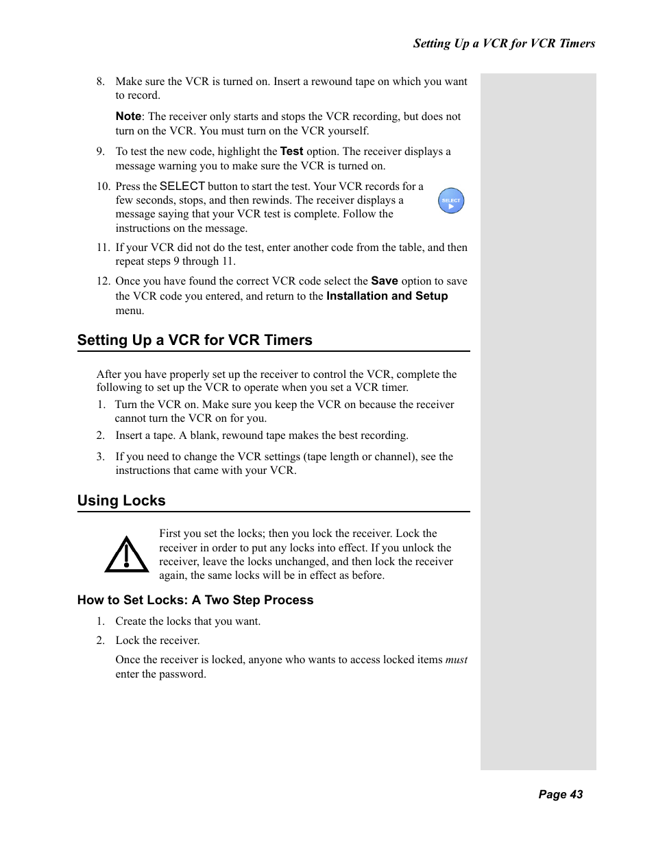 Setting up a vcr for vcr timers using locks, Setting up a vcr for vcr timers, Using locks | Dish Network Duo 322 User Manual | Page 48 / 98