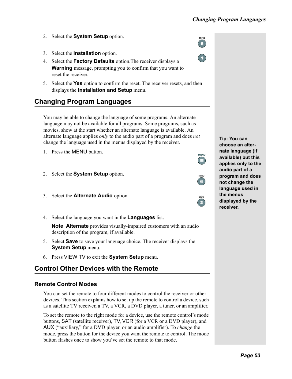 Changing program languages, Control other devices with the remote | Dish Network Duo 322 User Manual | Page 58 / 98