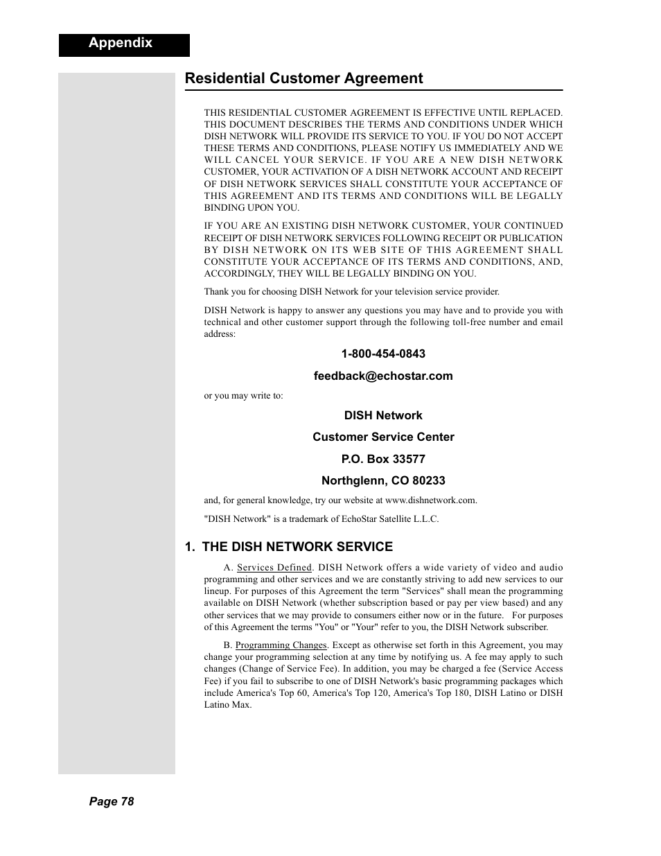 Residential customer agreement, Appendix | Dish Network Duo 322 User Manual | Page 83 / 98