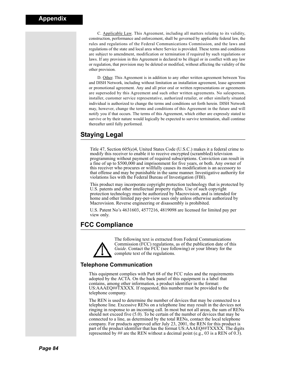 Staying legal fcc compliance, Staying legal, Fcc compliance | Appendix | Dish Network Duo 322 User Manual | Page 89 / 98