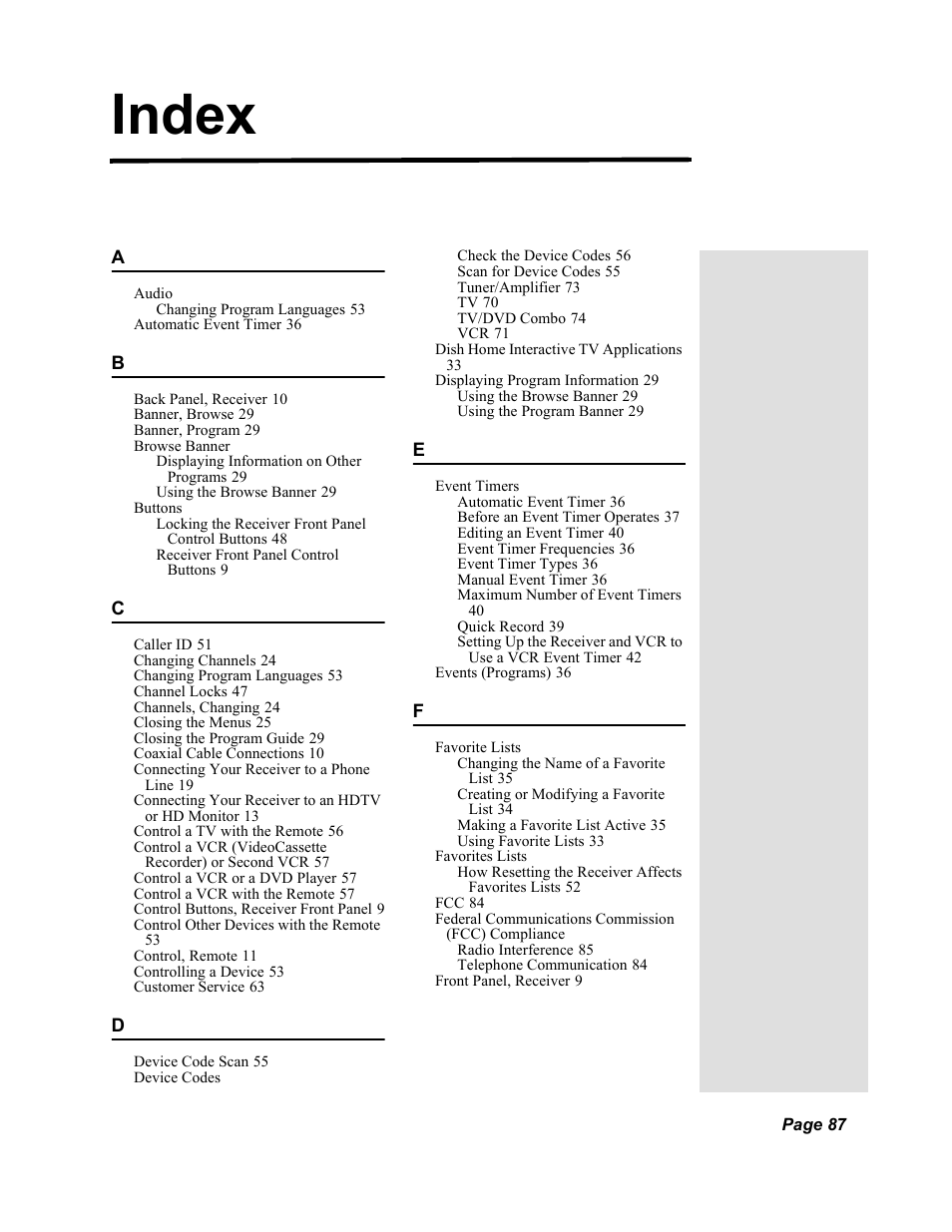 Index | Dish Network Duo 322 User Manual | Page 92 / 98