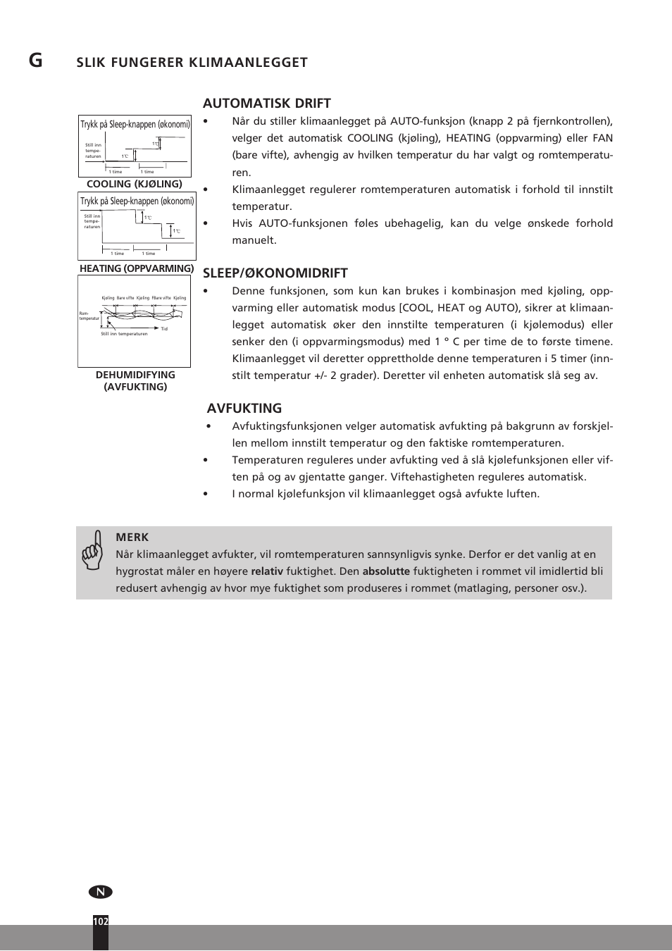 Slik fungerer klimaanlegget automatisk drift, Sleep/økonomidrift, Avfukting | Qlima SC3331 in User Manual | Page 102 / 176