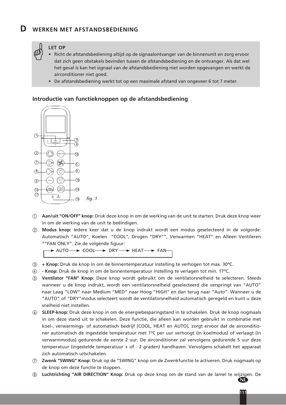 Werken met afstandsbediening | Qlima SC3331 in User Manual | Page 117 / 176