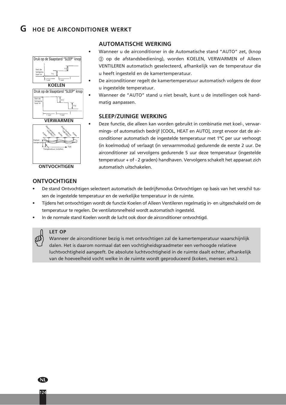 Hoe de airconditioner werkt automatische werking, Sleep/zuinige werking, Ontvochtigen | Qlima SC3331 in User Manual | Page 124 / 176