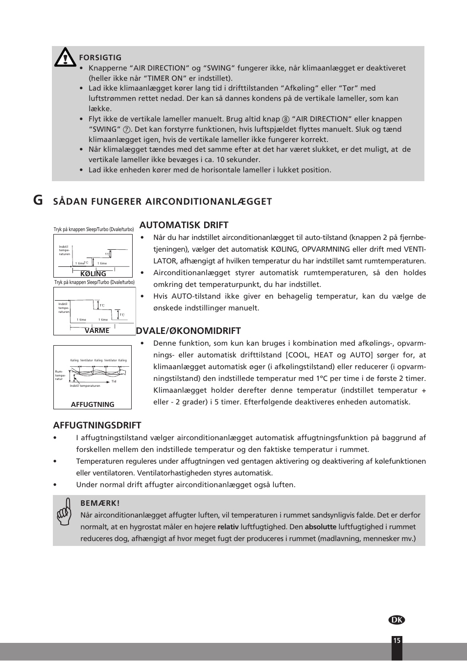 Sådan fungerer airconditionanlægget, Automatisk drift, Dvale/økonomidrift | Affugtningsdrift | Qlima SC3331 in User Manual | Page 15 / 176