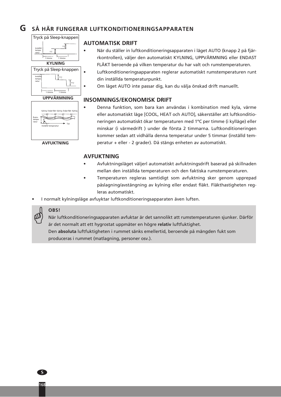 Insomnings/ekonomisk drift, Avfuktning | Qlima SC3331 in User Manual | Page 168 / 176