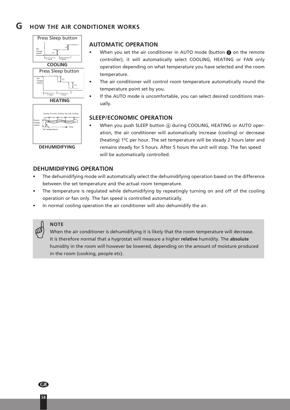 How the air conditioner works automatic operation, Sleep/economic operation, Dehumidifying operation | Qlima SC3331 in User Manual | Page 58 / 176
