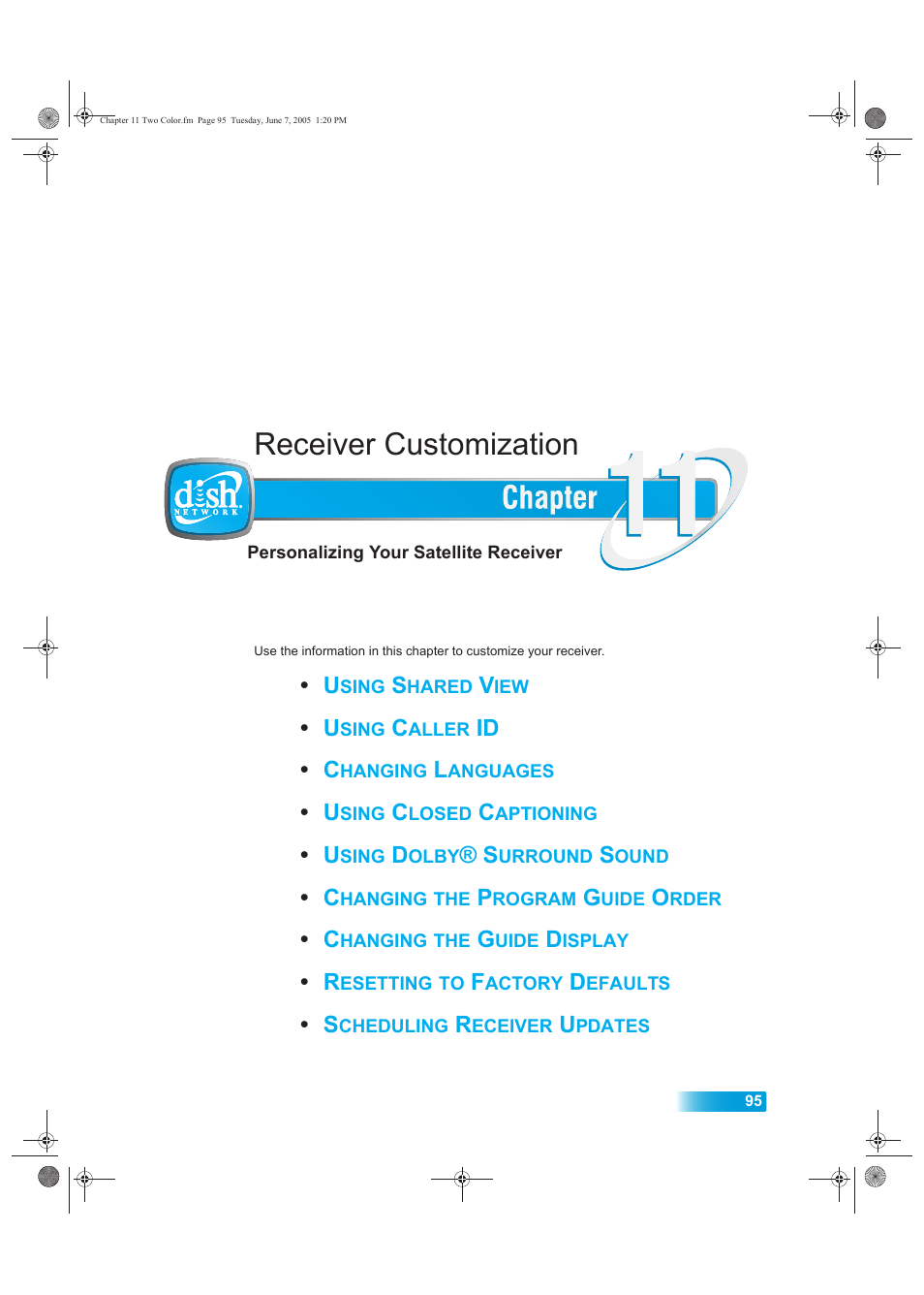 11 receiver customization, Receiver customization | Dish Network 942 User Manual | Page 102 / 162