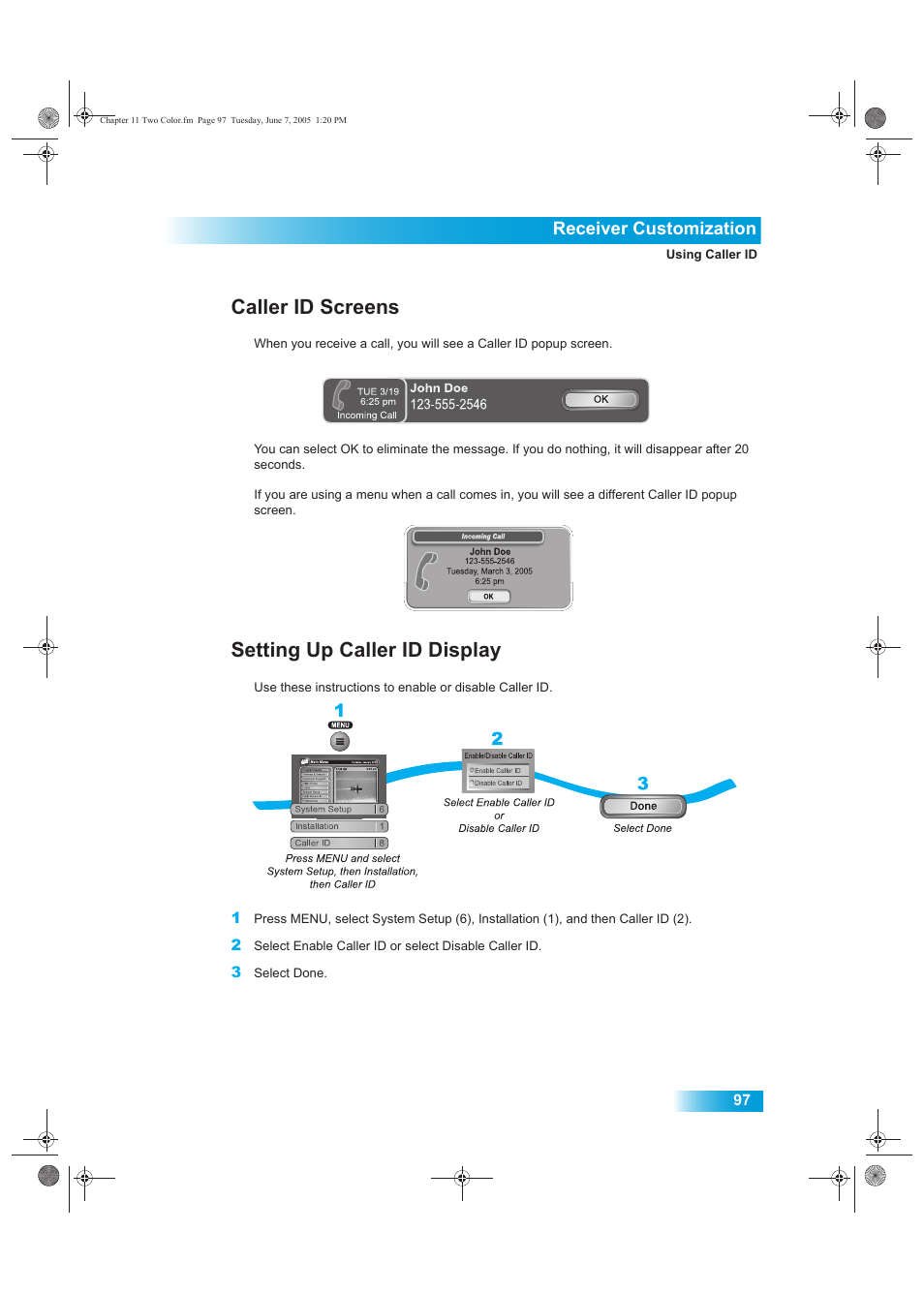 Caller id screens, Setting up caller id display, Receiver customization | Dish Network 942 User Manual | Page 104 / 162