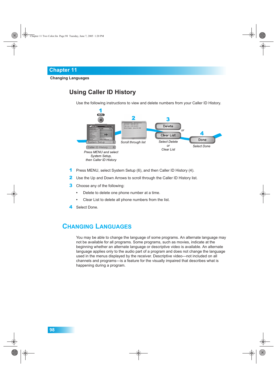 Hanging, Anguages, Using caller id history | Dish Network 942 User Manual | Page 105 / 162