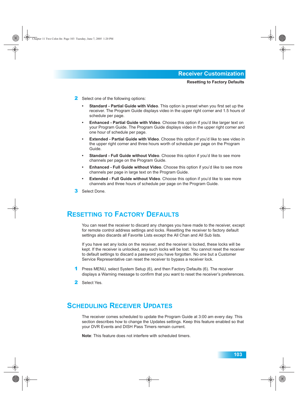 Esetting, Actory, Efaults | Cheduling, Eceiver, Pdates | Dish Network 942 User Manual | Page 110 / 162