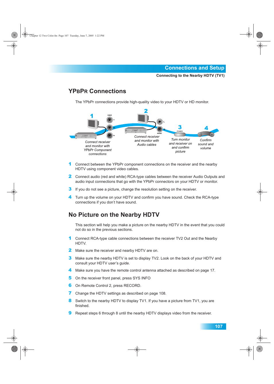 Connections, No picture on the nearby hdtv | Dish Network 942 User Manual | Page 114 / 162