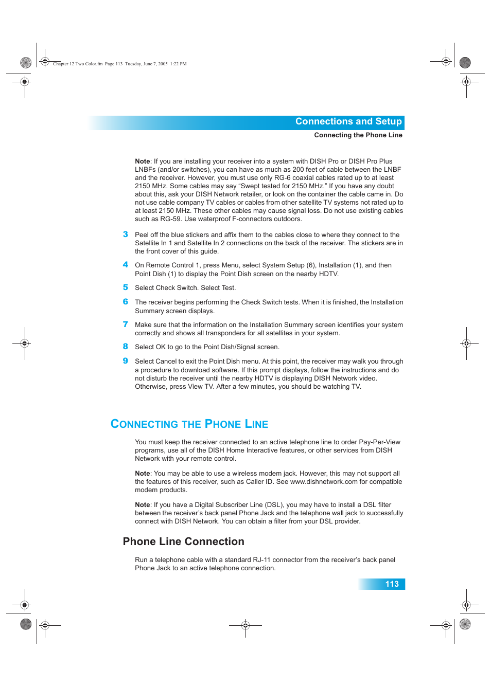 Onnecting, Hone, Phone line connection | Dish Network 942 User Manual | Page 120 / 162