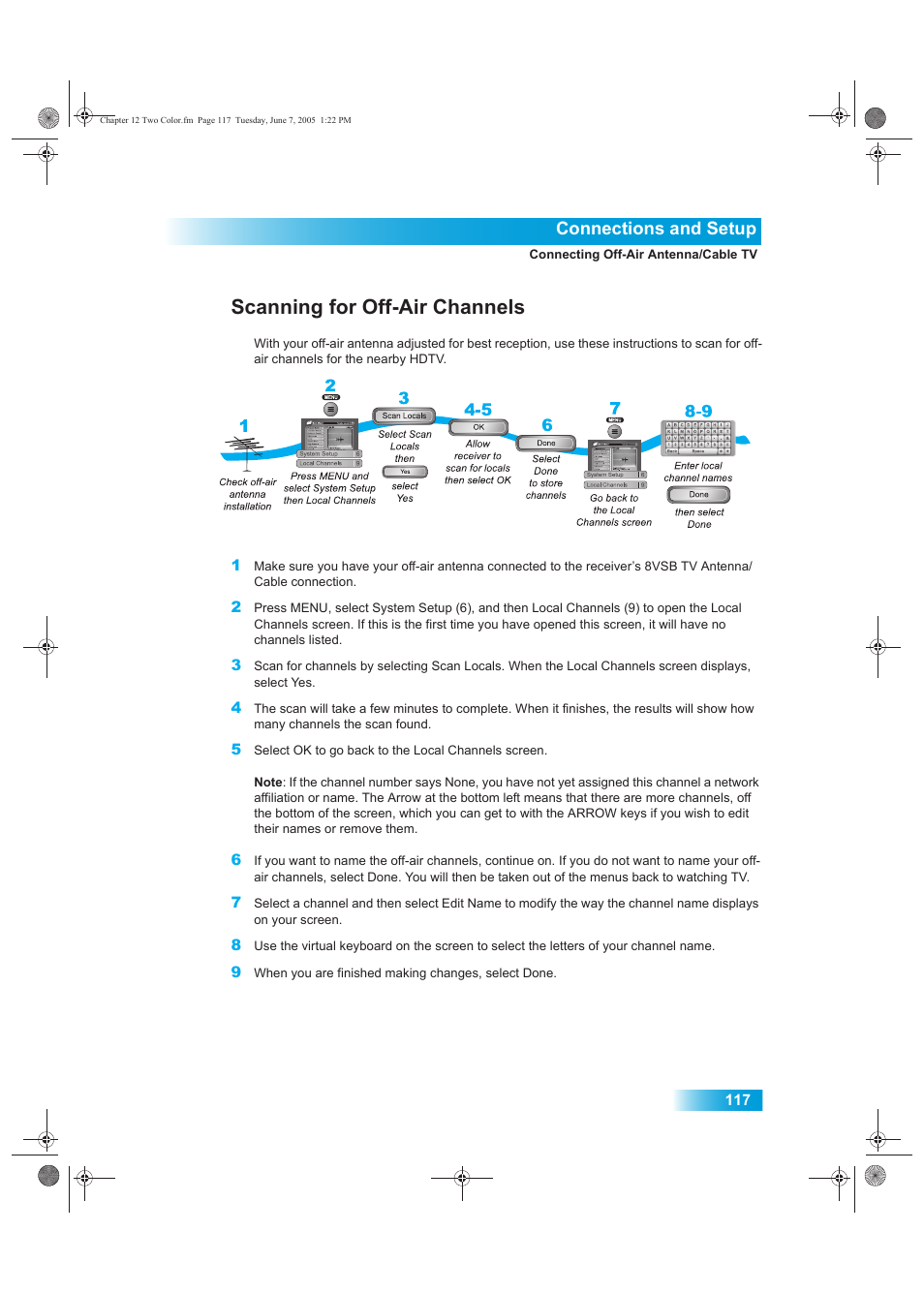 Scanning for off-air channels, Connections and setup | Dish Network 942 User Manual | Page 124 / 162