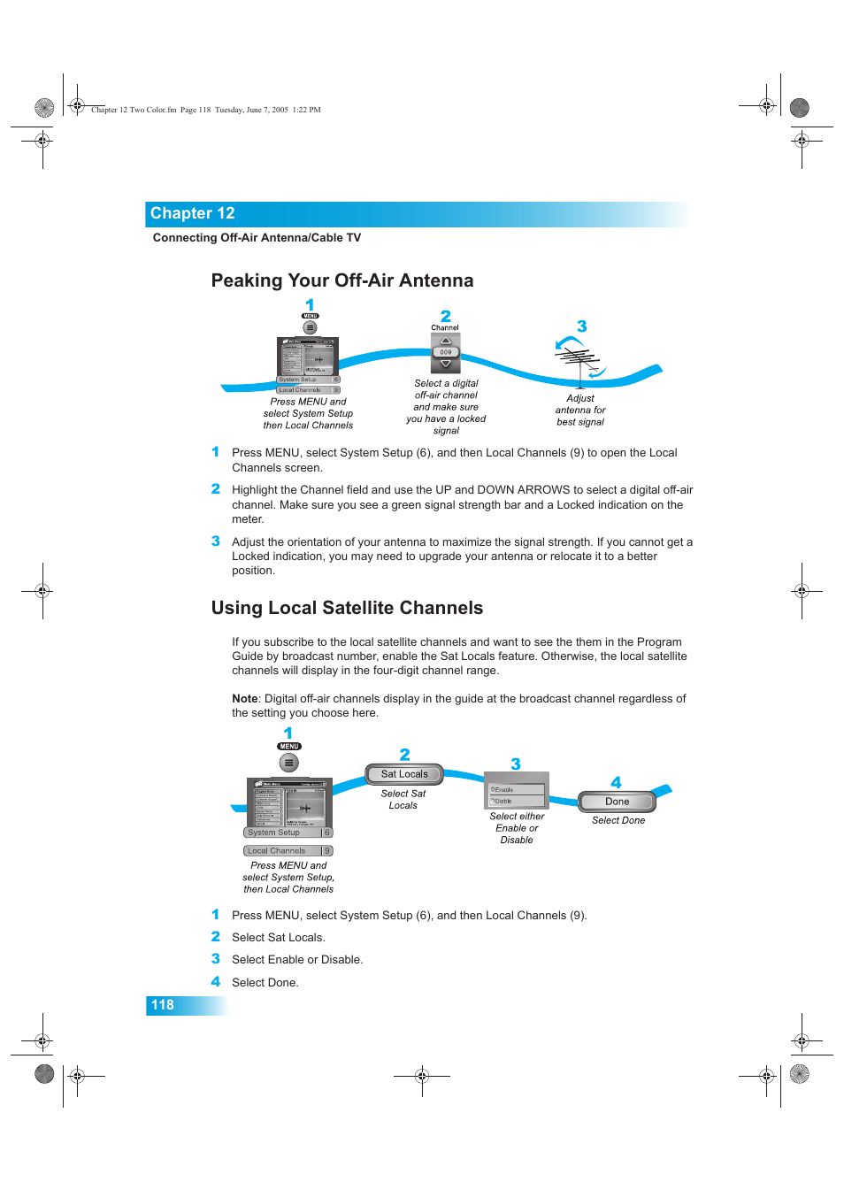 Peaking your off-air antenna, Using local satellite channels, Chapter 12 | Dish Network 942 User Manual | Page 125 / 162