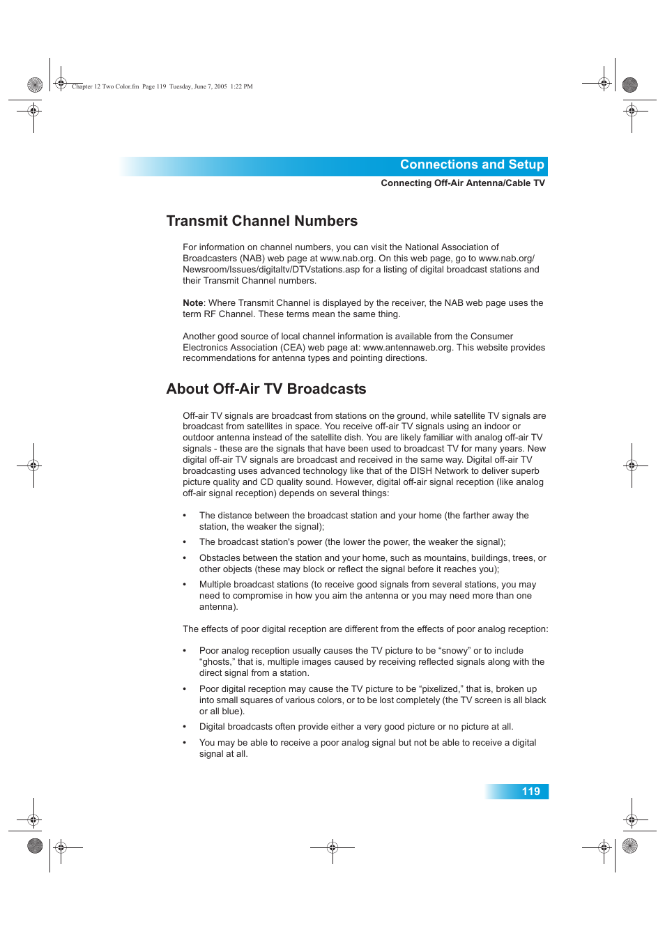 Transmit channel numbers, About off-air tv broadcasts, Connections and setup | Dish Network 942 User Manual | Page 126 / 162