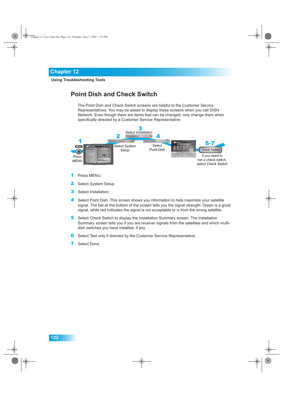 Point dish and check switch, Chapter 12 | Dish Network 942 User Manual | Page 129 / 162
