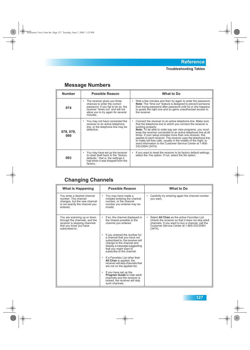 Changing channels, Message numbers, Reference | Dish Network 942 User Manual | Page 134 / 162