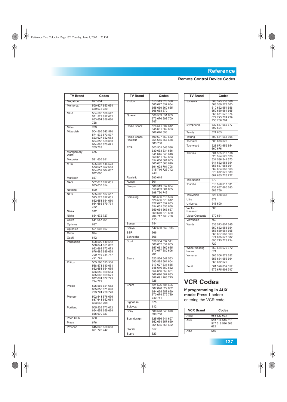 Vcr codes, Reference, Remote control device codes | Dish Network 942 User Manual | Page 144 / 162