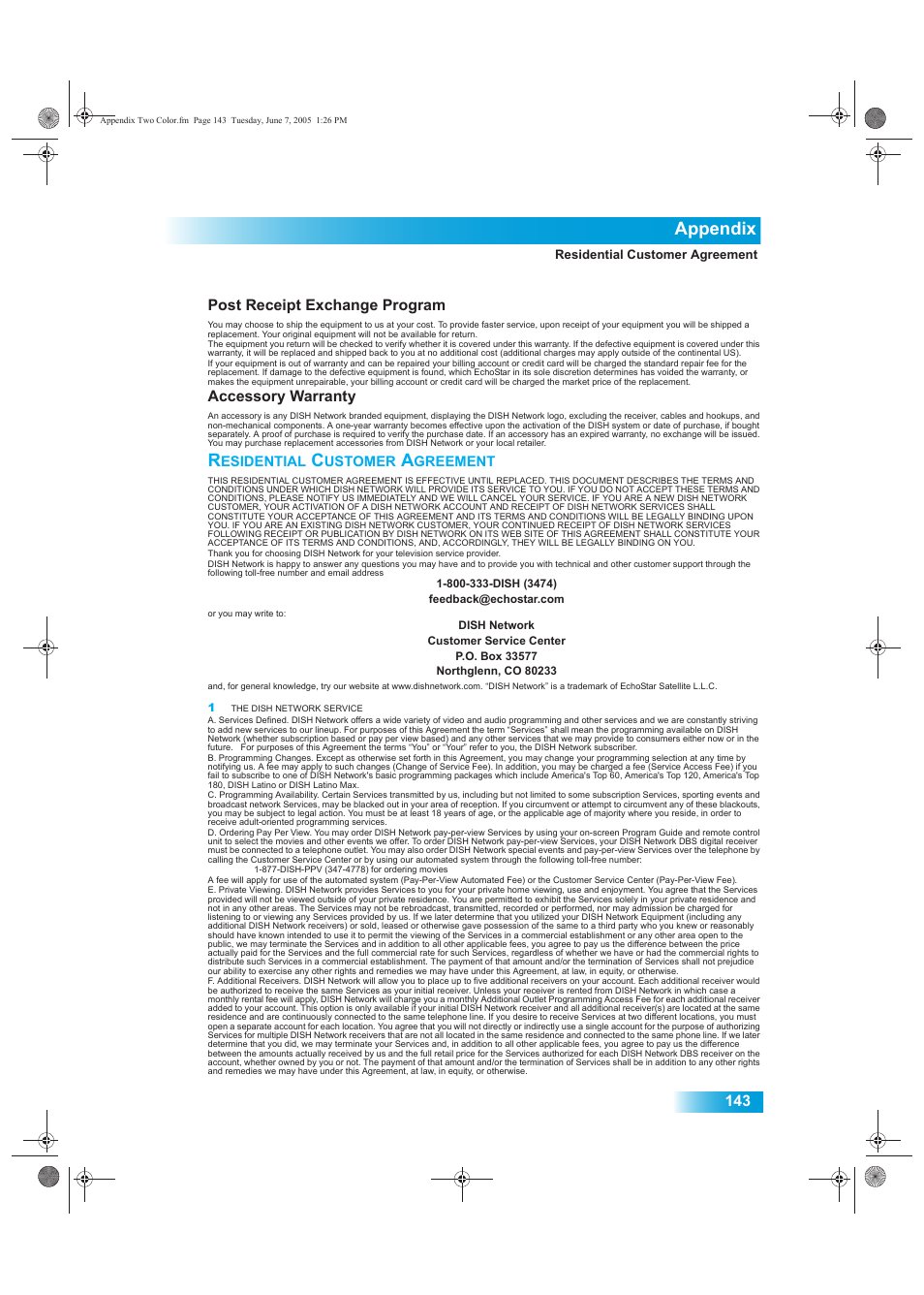 Esidential, Ustomer, Greement | Appendix, Post receipt exchange program, Accessory warranty | Dish Network 942 User Manual | Page 150 / 162
