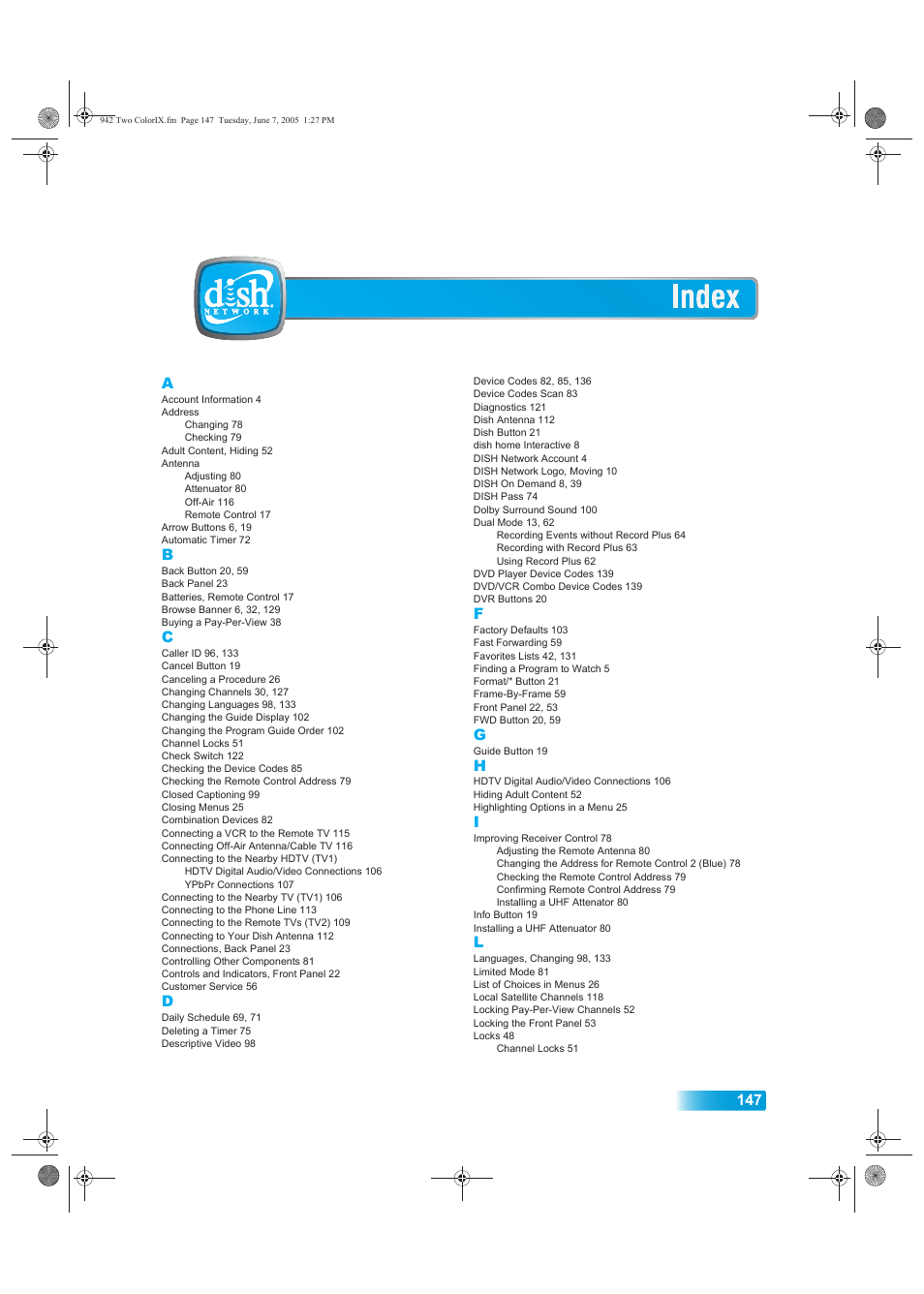 Index, 147 a | Dish Network 942 User Manual | Page 154 / 162