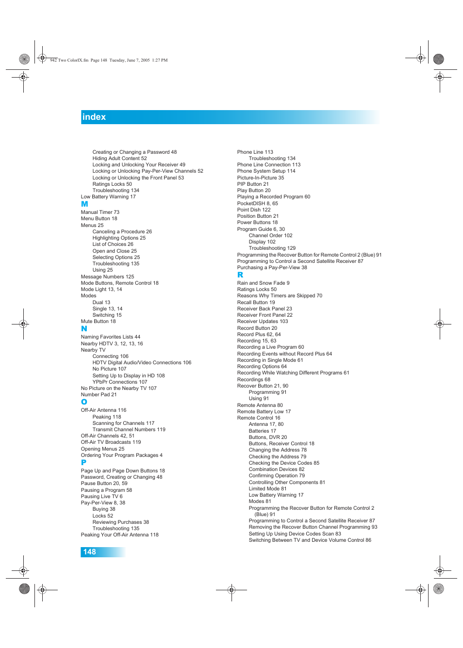 Index | Dish Network 942 User Manual | Page 155 / 162