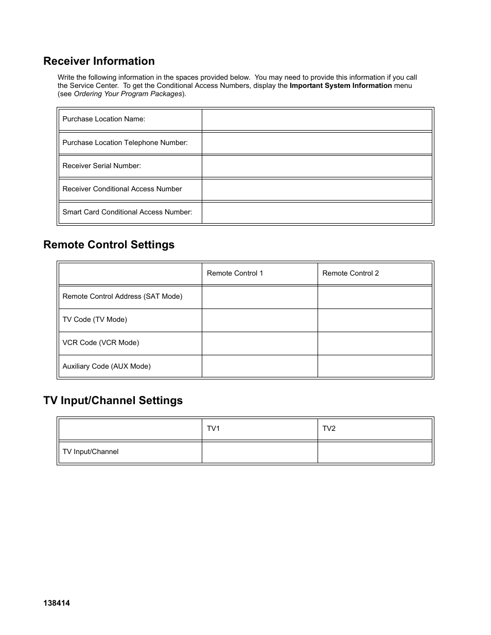 Inside_back_cover, Receiver information, Remote control settings tv input/channel settings | Dish Network 942 User Manual | Page 162 / 162