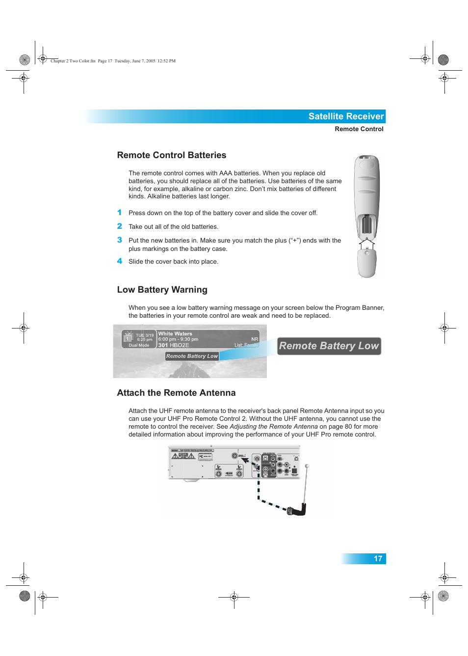 Satellite receiver, Remote control batteries, Low battery warning | Attach the remote antenna | Dish Network 942 User Manual | Page 24 / 162