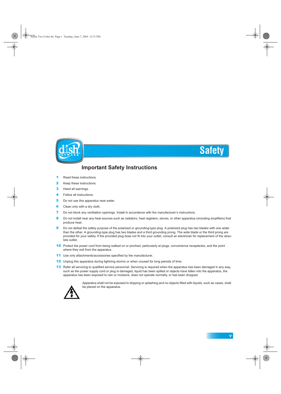 Important safety precautions v, Important safety instructions | Dish Network 942 User Manual | Page 6 / 162