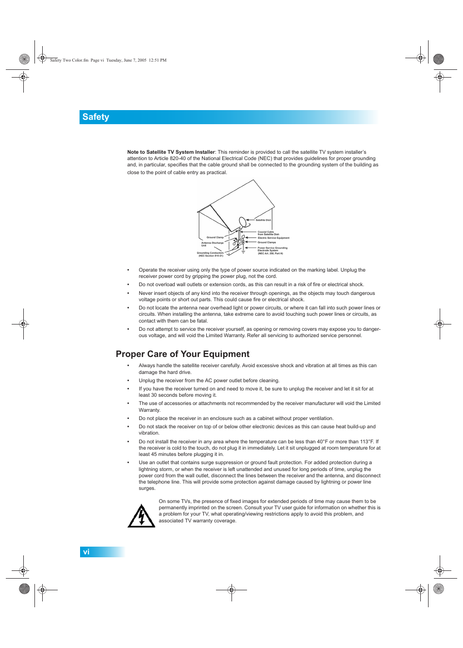 Safety, Proper care of your equipment | Dish Network 942 User Manual | Page 7 / 162