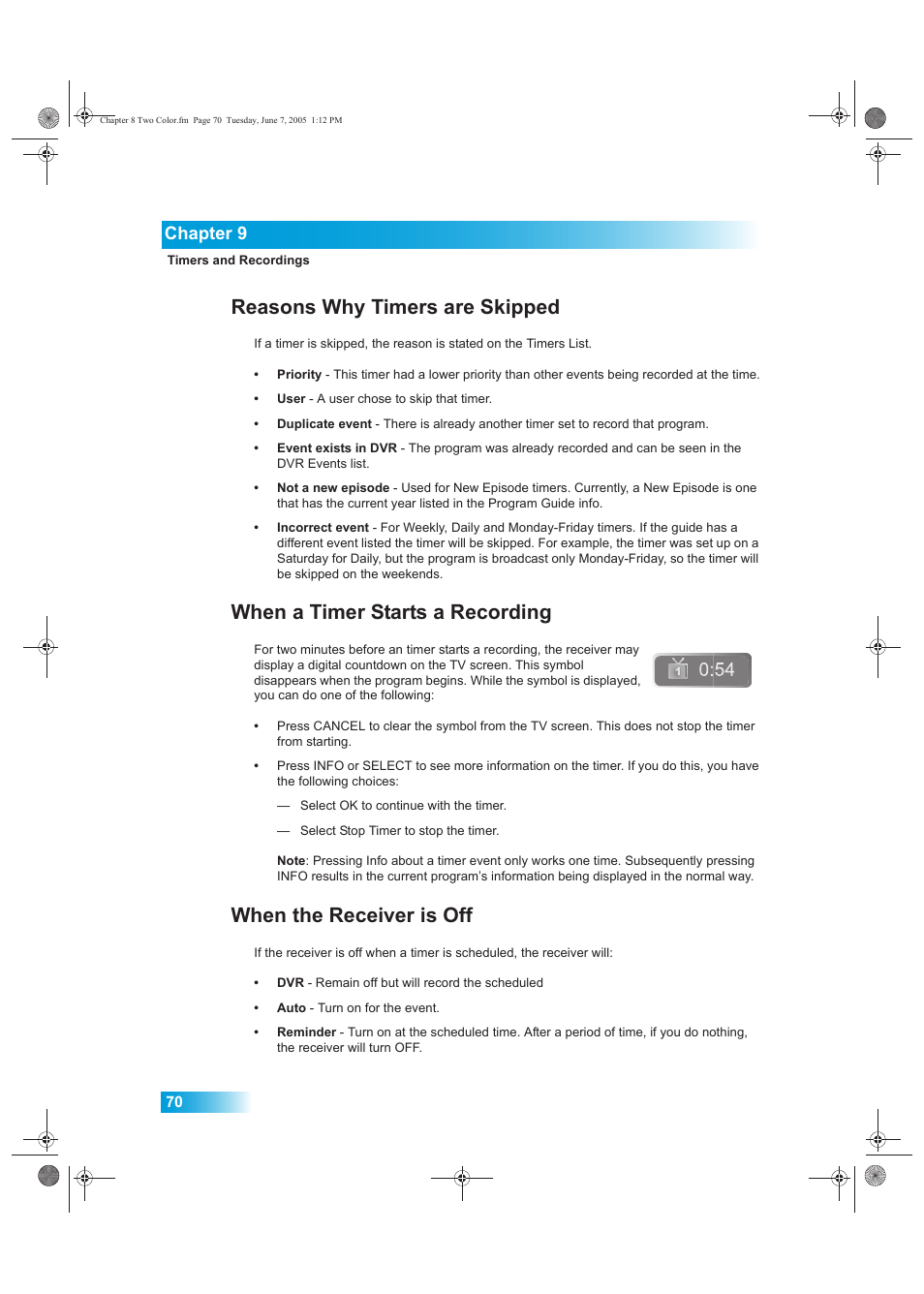 Reasons why timers are skipped, When a timer starts a recording, When the receiver is off | Chapter 9 | Dish Network 942 User Manual | Page 77 / 162