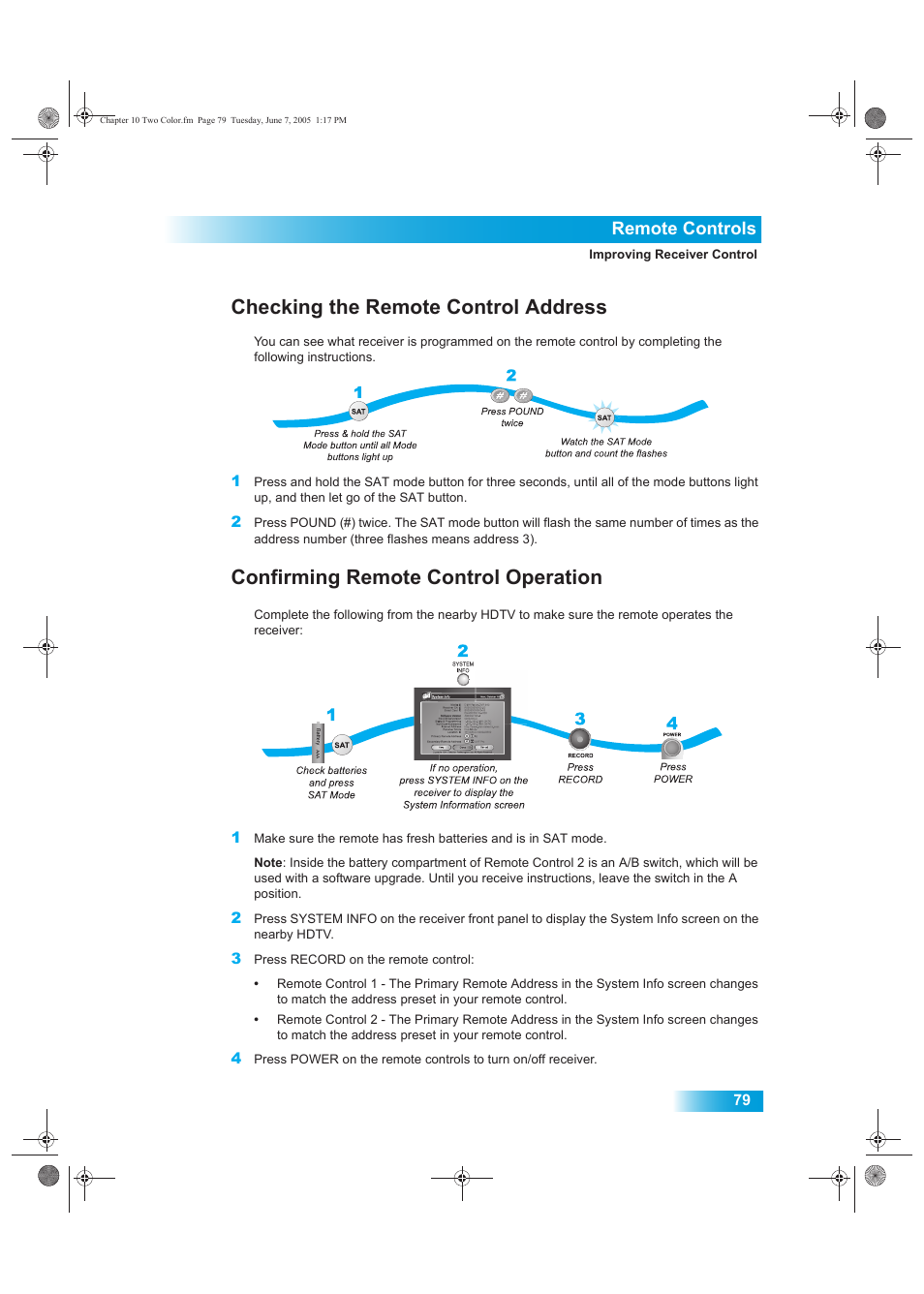 Checking the remote control address, Confirming remote control operation, Remote controls | Dish Network 942 User Manual | Page 86 / 162
