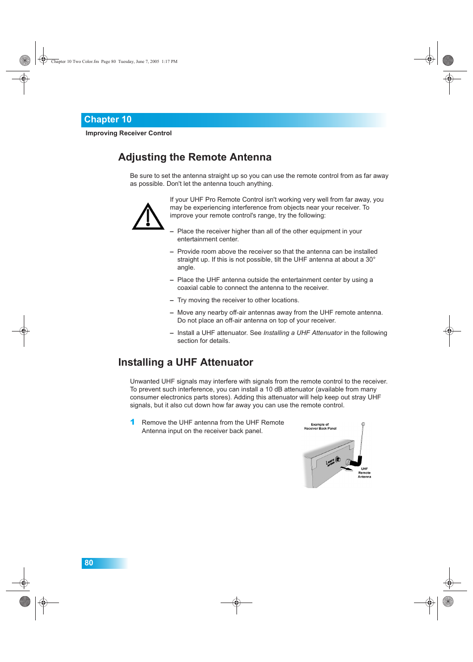 Adjusting the remote antenna, Installing a uhf attenuator, Chapter 10 | Dish Network 942 User Manual | Page 87 / 162