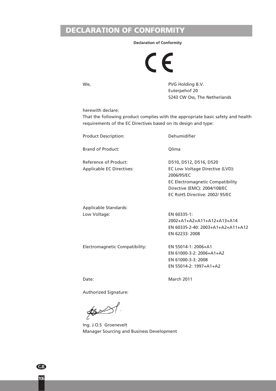 Declaration of conformity | Qlima D512 User Manual | Page 106 / 248