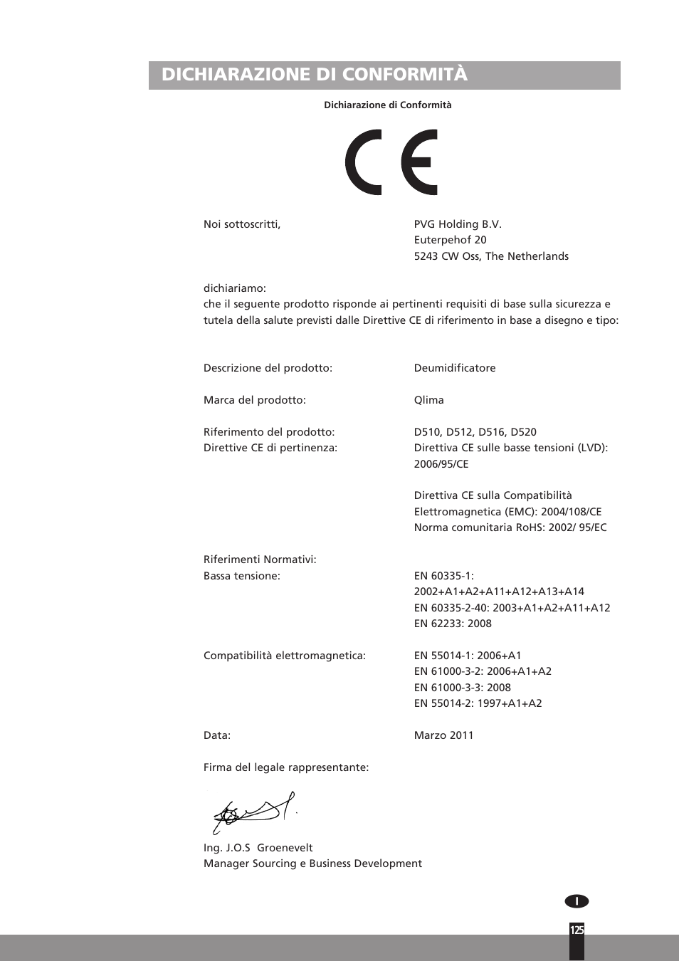 Dichiarazione di conformità | Qlima D512 User Manual | Page 125 / 248