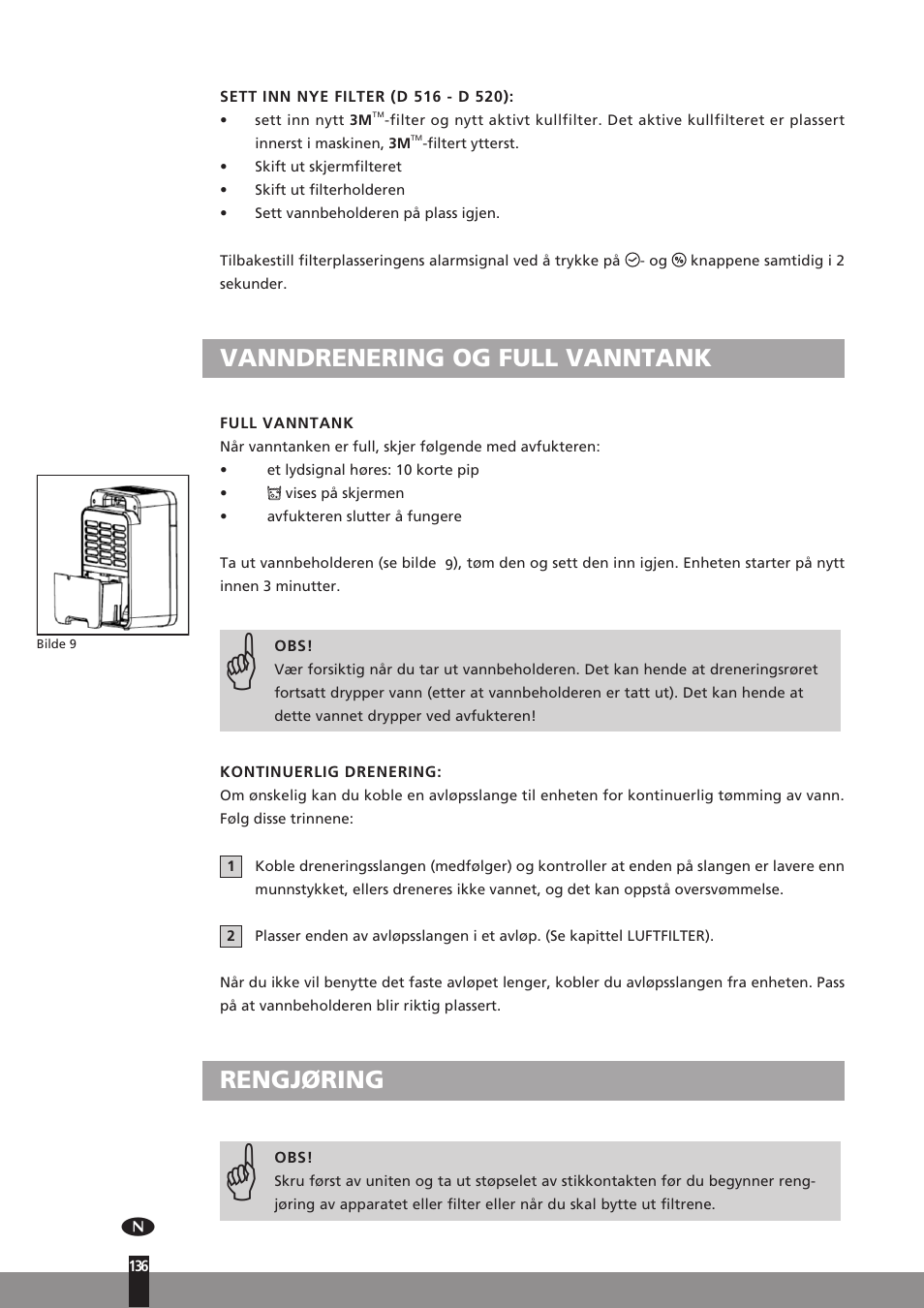 Vanndrenering og full vanntank, Rengjøring | Qlima D512 User Manual | Page 136 / 248