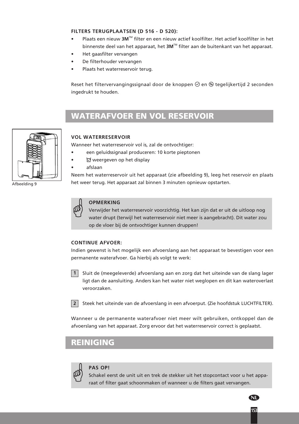Waterafvoer en vol reservoir, Reiniging | Qlima D512 User Manual | Page 153 / 248