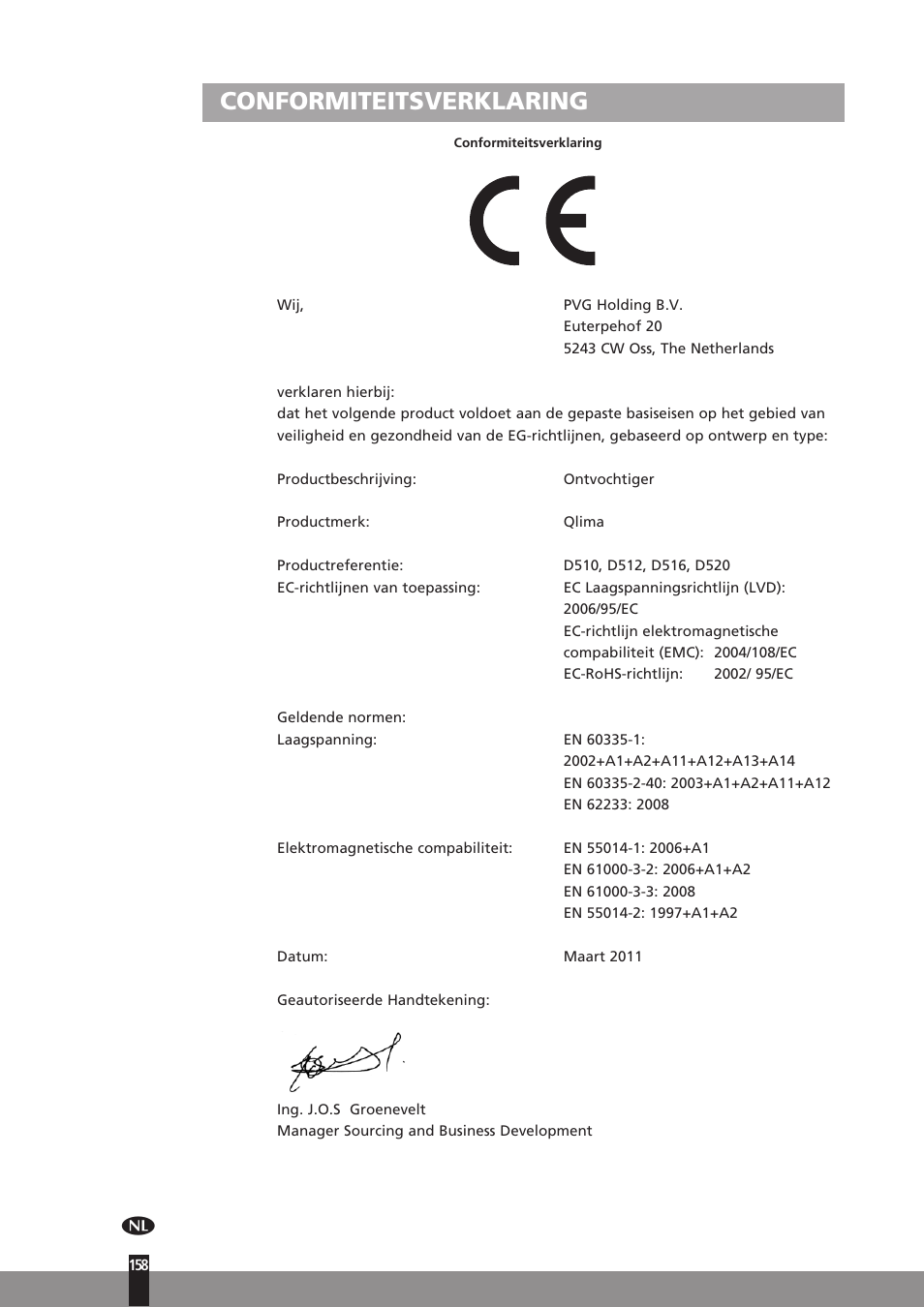 Conformiteitsverklaring | Qlima D512 User Manual | Page 158 / 248