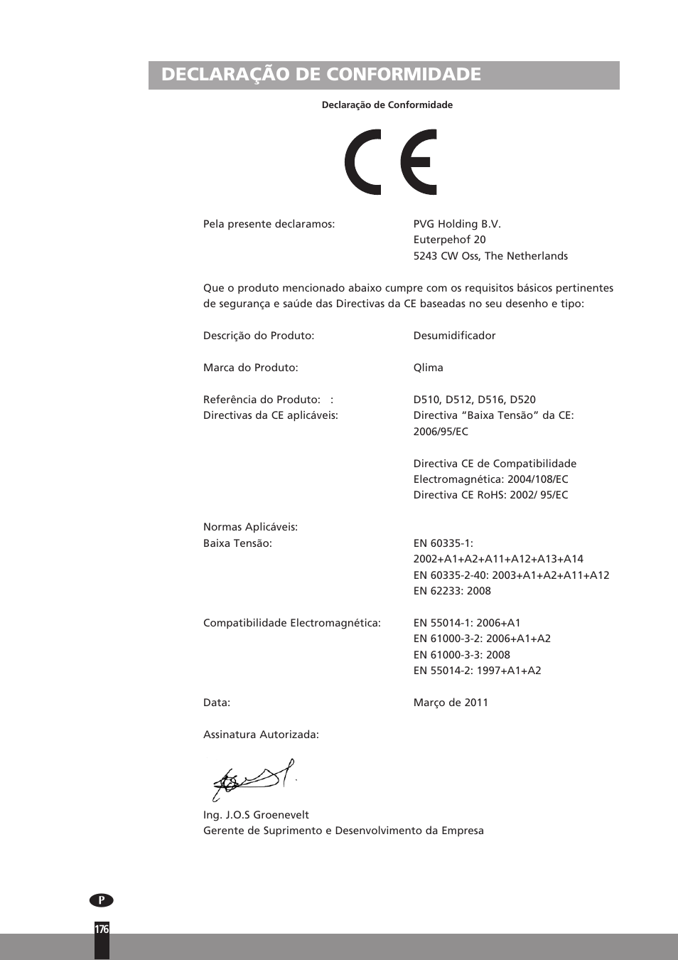 Declaração de conformidade | Qlima D512 User Manual | Page 176 / 248