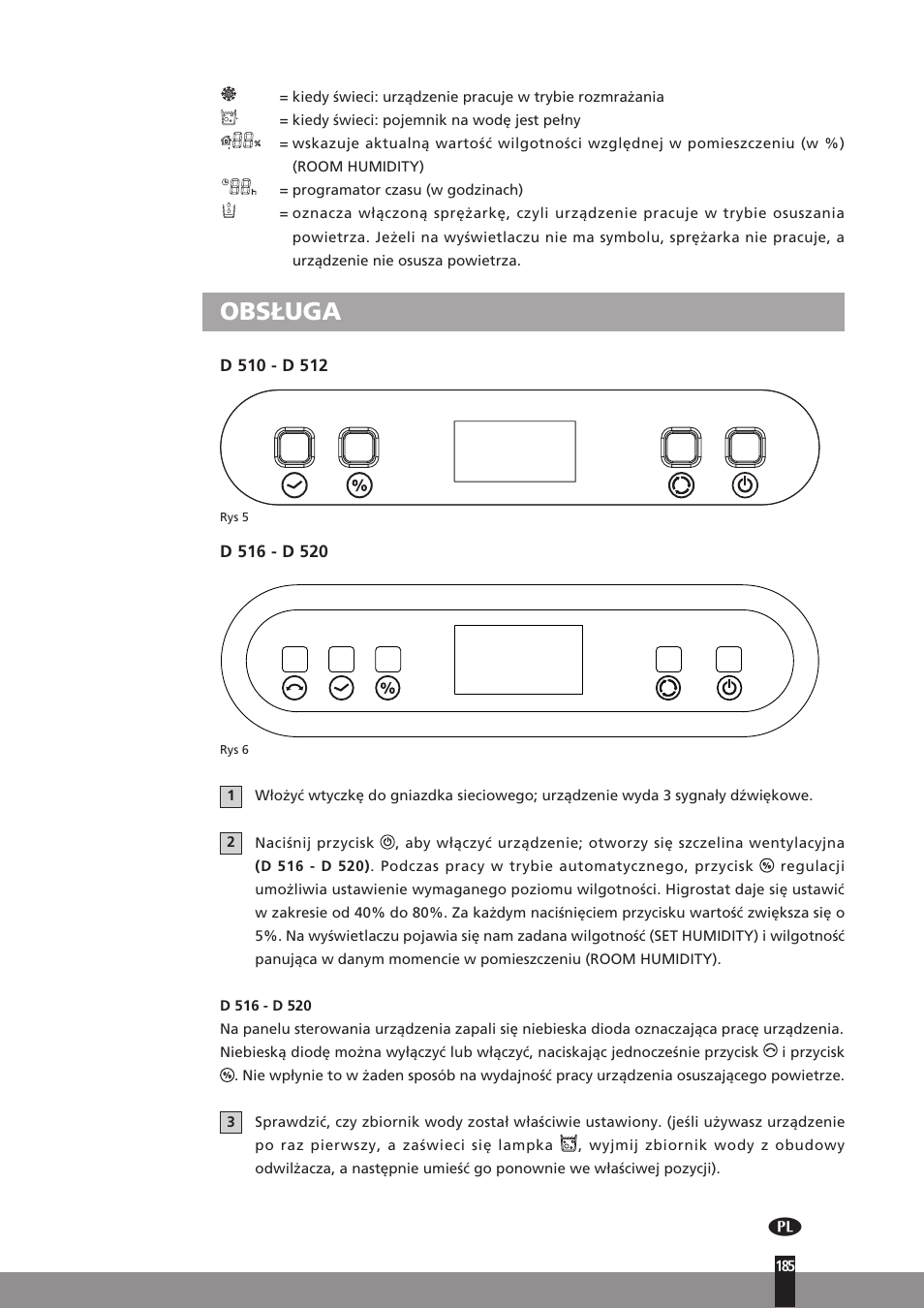 Obsługa, Kiedy świeci: pojemnik na wodę jest pełny, Programator czasu (w godzinach) | Qlima D512 User Manual | Page 185 / 248