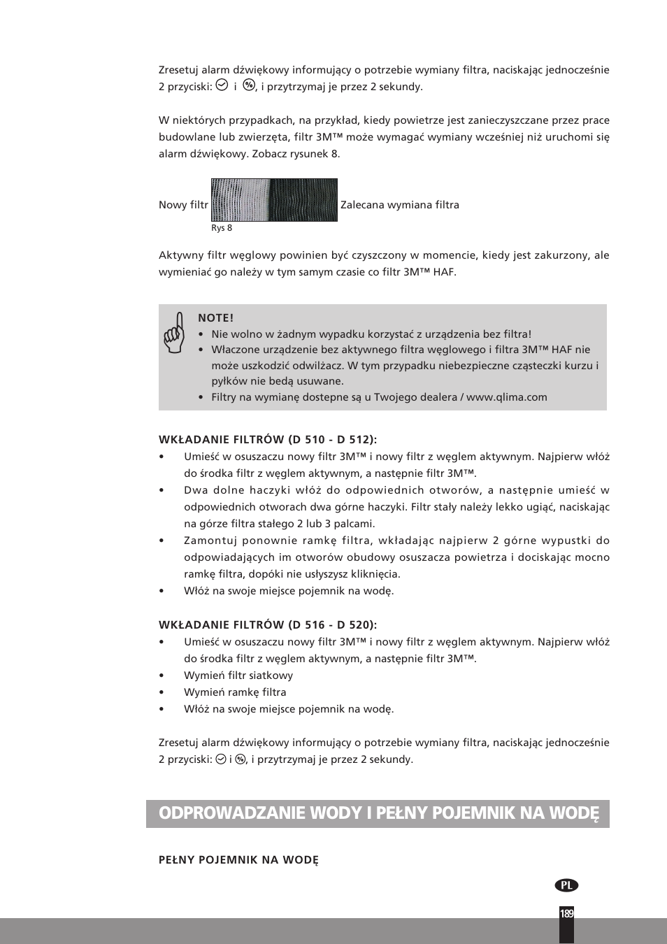 Odprowadzanie wody i pełny pojemnik na wodę | Qlima D512 User Manual | Page 189 / 248