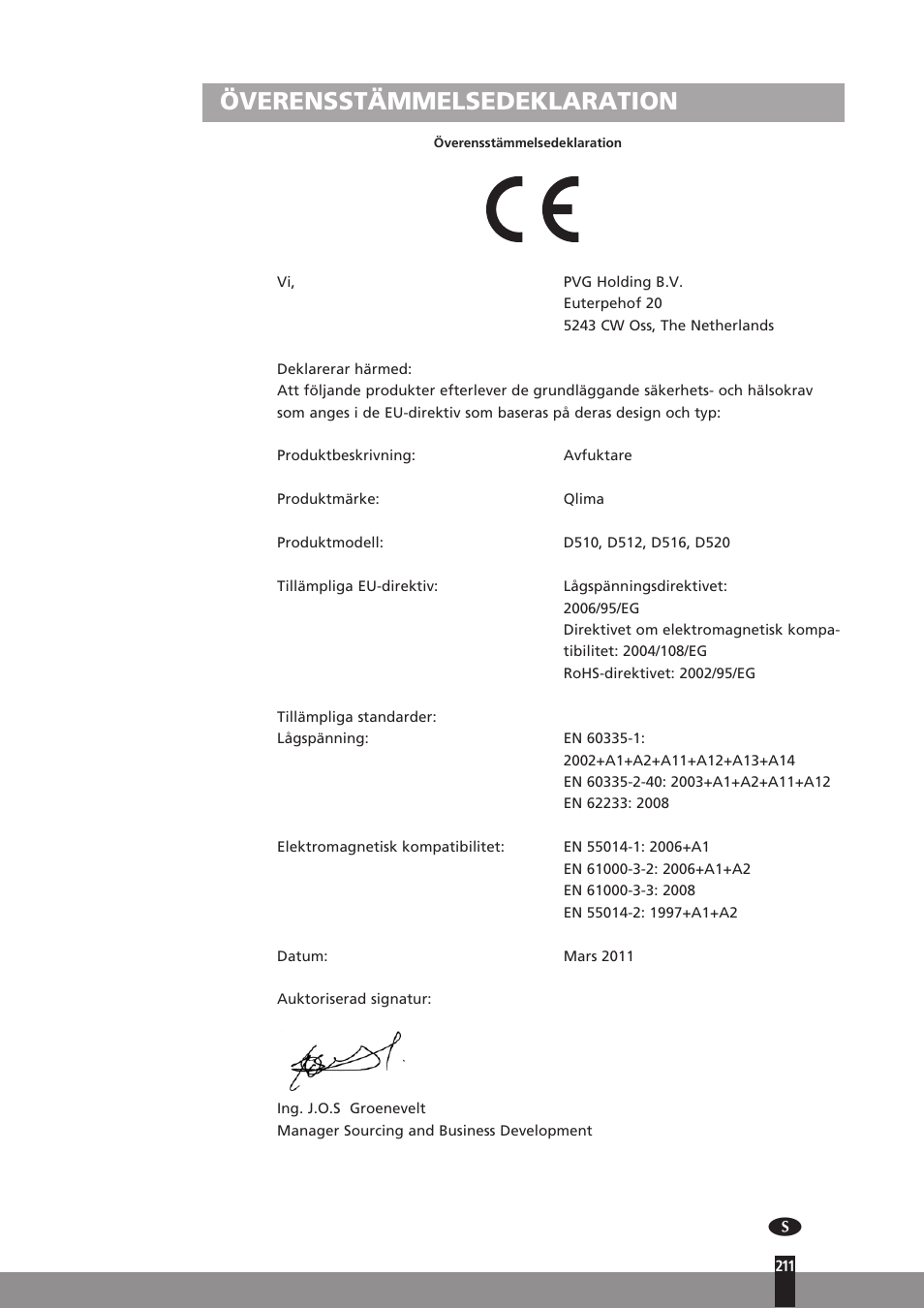 Överensstämmelsedeklaration | Qlima D512 User Manual | Page 211 / 248