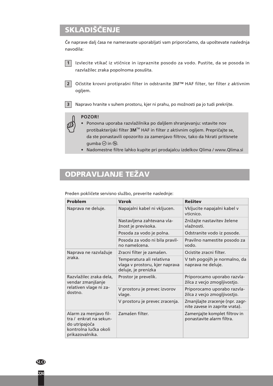 Skladiščenje, Odpravljanje težav | Qlima D512 User Manual | Page 224 / 248