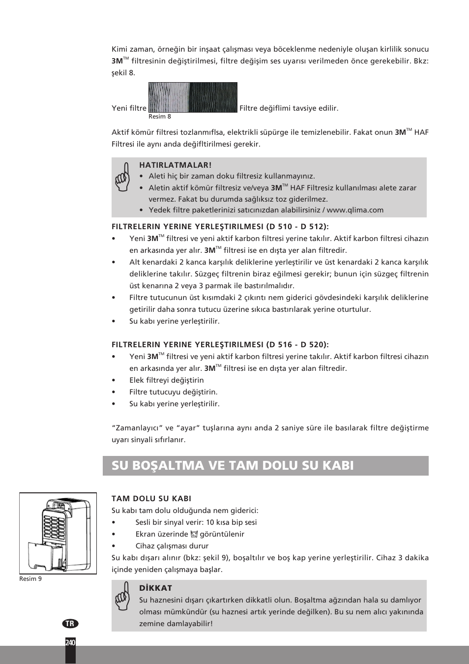 Su boşaltma ve tam dolu su kabi | Qlima D512 User Manual | Page 240 / 248