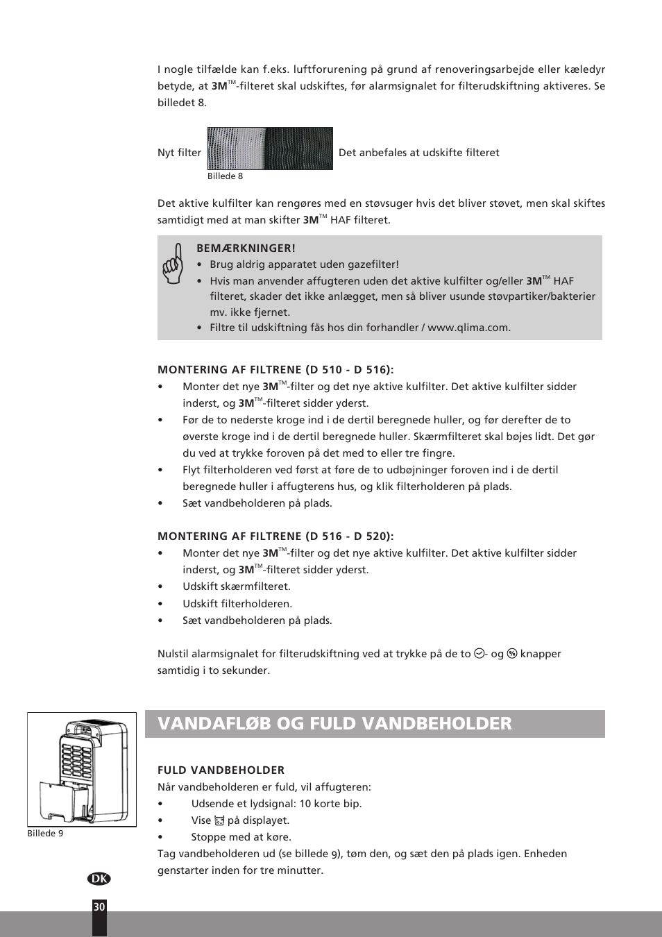 Vandafløb og fuld vandbeholder | Qlima D512 User Manual | Page 30 / 248