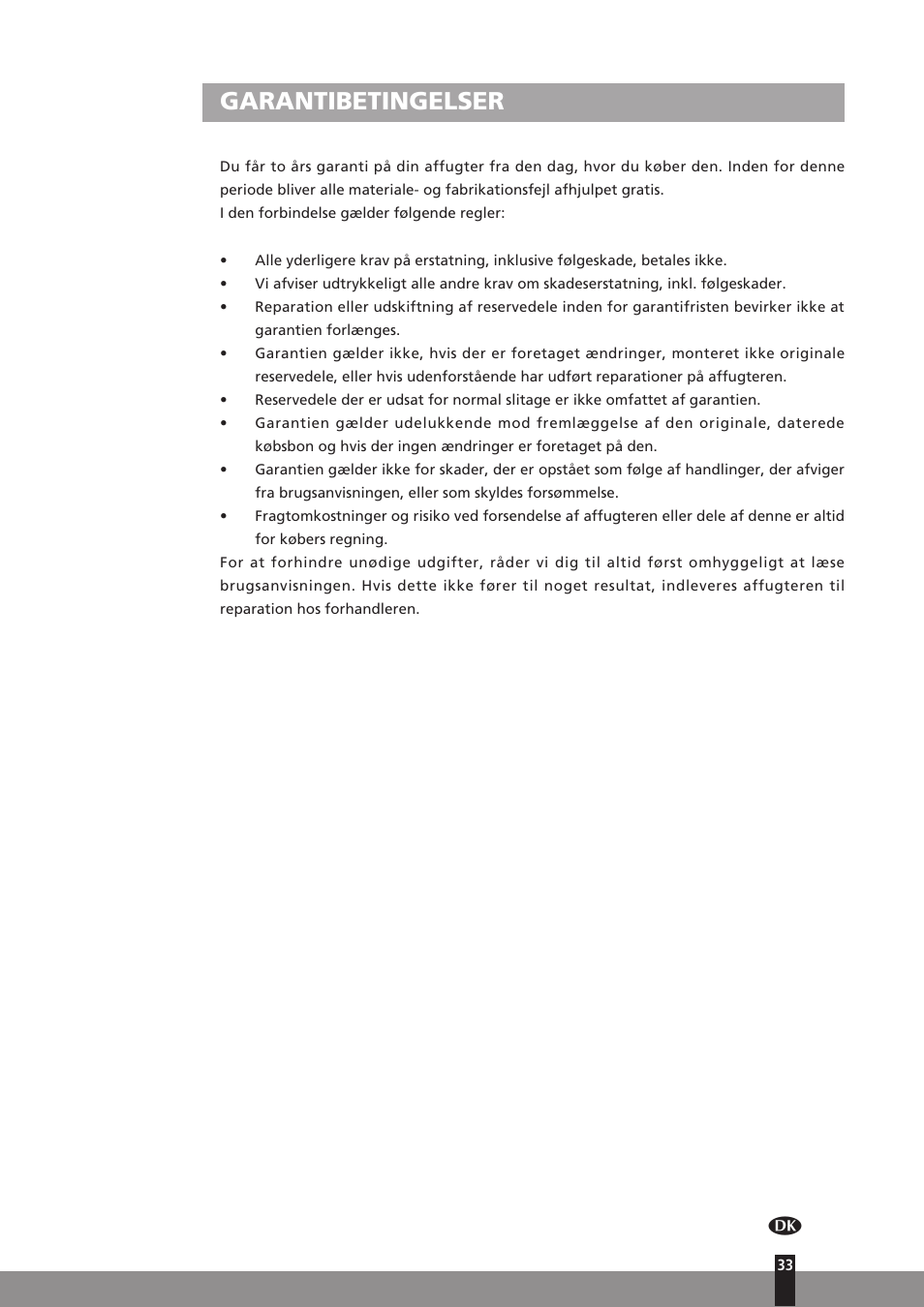 Garantibetingelser | Qlima D512 User Manual | Page 33 / 248