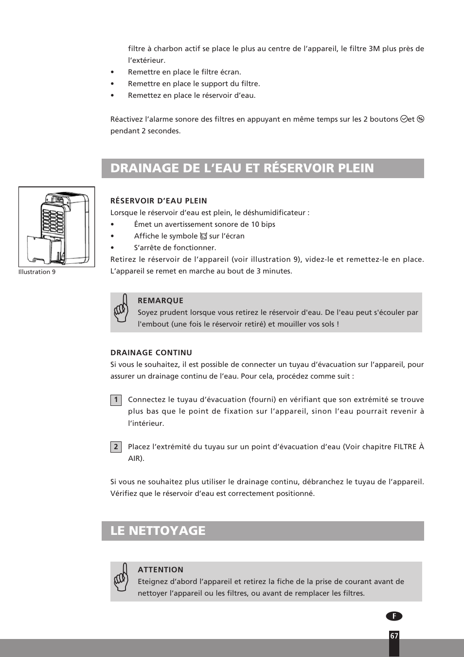 Drainage de l’eau et réservoir plein, Le nettoyage | Qlima D512 User Manual | Page 67 / 248
