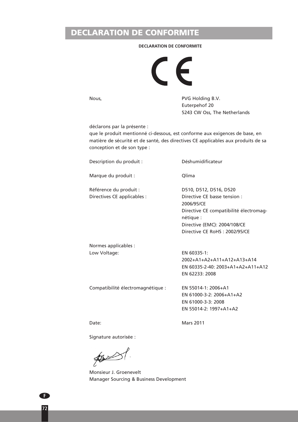 Declaration de conformite | Qlima D512 User Manual | Page 72 / 248