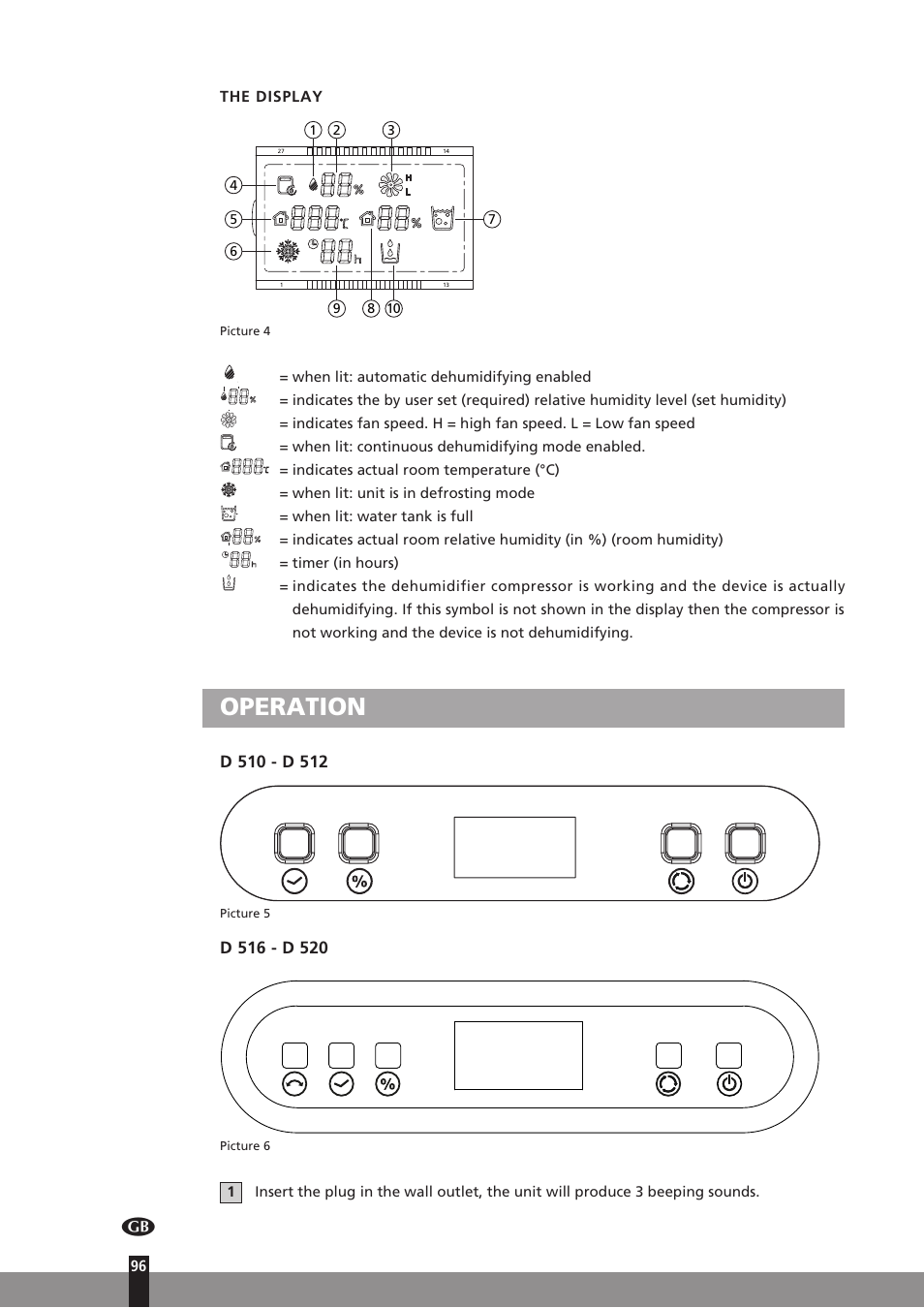 Operation, The display, When lit: continuous dehumidifying mode enabled | Indicates actual room temperature (°c), When lit: unit is in defrosting mode, When lit: water tank is full, Timer (in hours) | Qlima D512 User Manual | Page 96 / 248